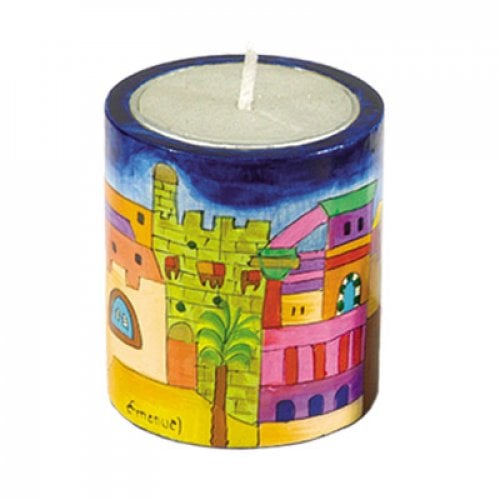 Yair Emanuel Yahrzeit Memorial Hand Painted Wood Candle Holder - Jerusalem