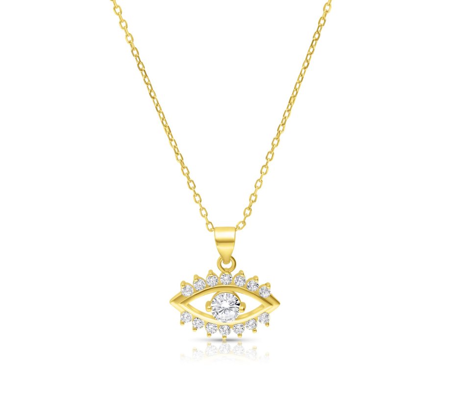 Yellow Gold Plated Sterling Silver Necklace, Zircons - Evil Eye Charm Pendant