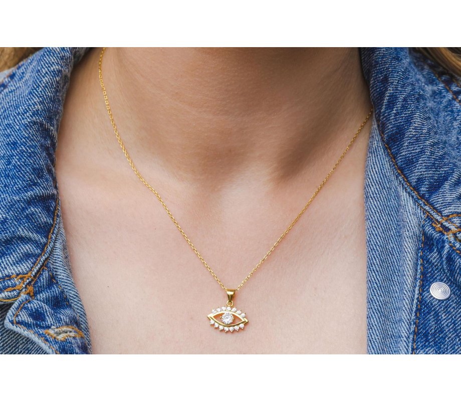 Yellow Gold Plated Sterling Silver Necklace, Zircons - Evil Eye Charm Pendant