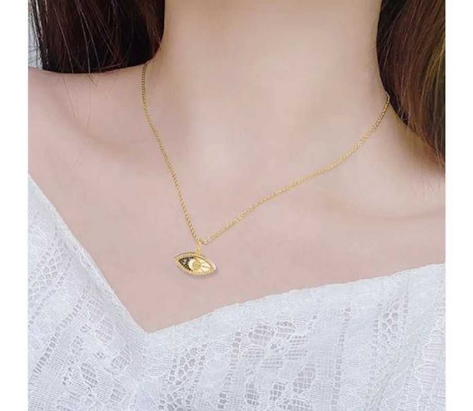 Yellow Gold Plated Sterling Silver Necklace, Zircons - Evil Eye Pendant on Enamel