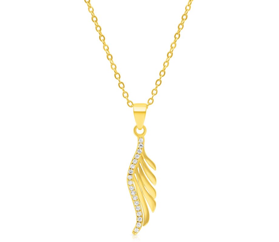Yellow Gold Plated Sterling Silver Necklace with Zircon Decorated Leaf Pendant