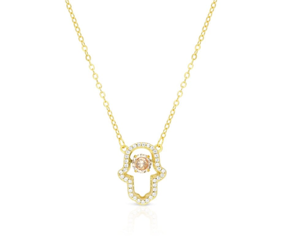 Yellow-Gold Plated Sterling Silver Necklace with Hamsa Pendant, Zircon Decorated