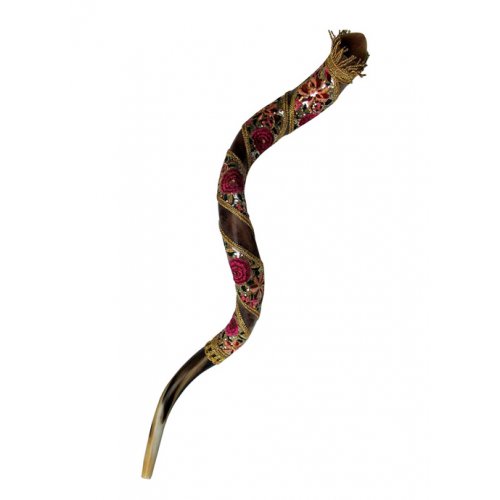 Yemenite Decorated Shofar - Red Flower Design