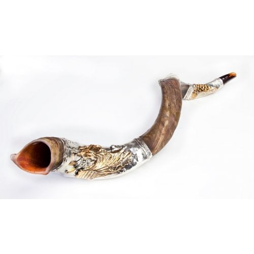 Yemenite Shofar, Decorative Silver Plate - Moses and Ten Commandments