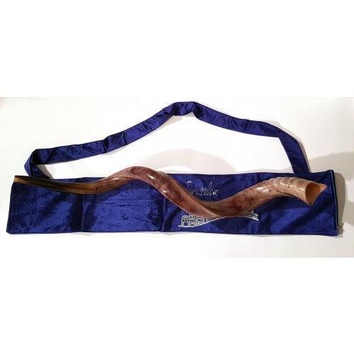 Yemenite Shofar Pouch Blue Velvet - Silver Embroidered Jerusalem Image