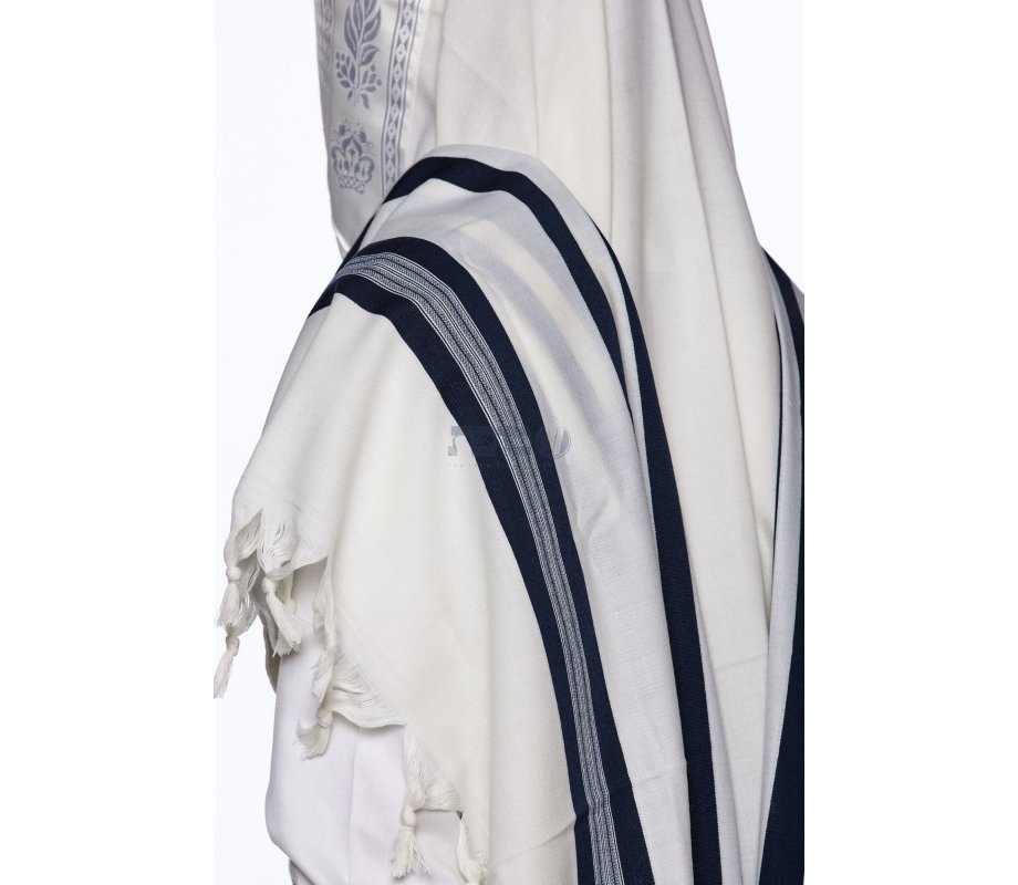 Yishtabach Praise Wool Tallit Non Slip Prayer Shawl - Dark Navy Stripes