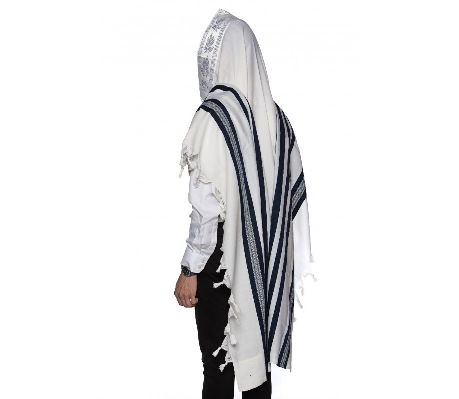 Yishtabach Praise Wool Tallit Non Slip Prayer Shawl - Dark Navy Stripes