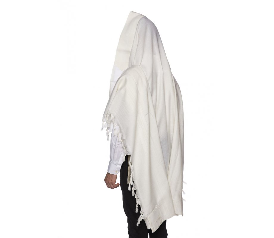Yishtabach Praise Wool Tallit Non Slip Prayer Shawl - Pure White