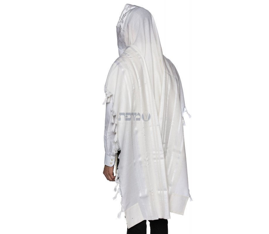 Yishtabach Praise Wool Tallit Non Slip Prayer Shawl - Shiny White Stripes