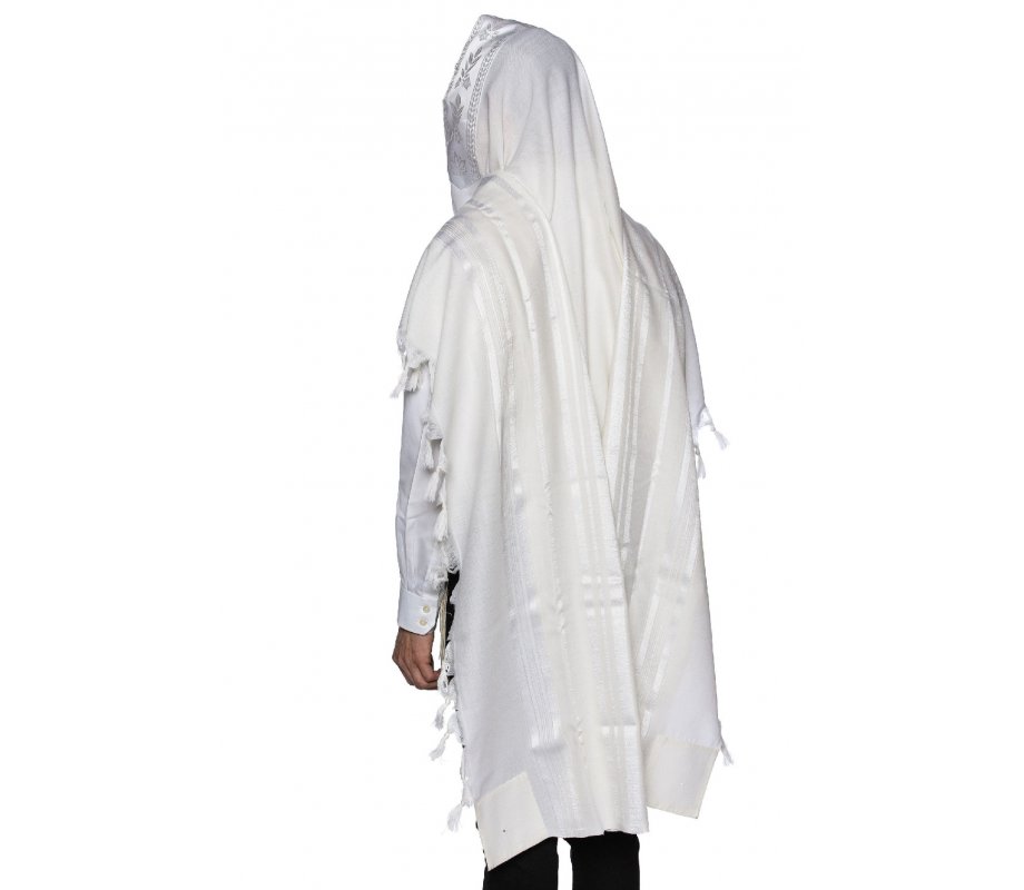 Yishtabach Praise Wool Tallit Non Slip Prayer Shawl - Shiny White Stripes