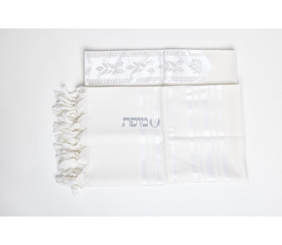 Yishtabach Praise Wool Tallit Non Slip Prayer Shawl - Shiny White Stripes