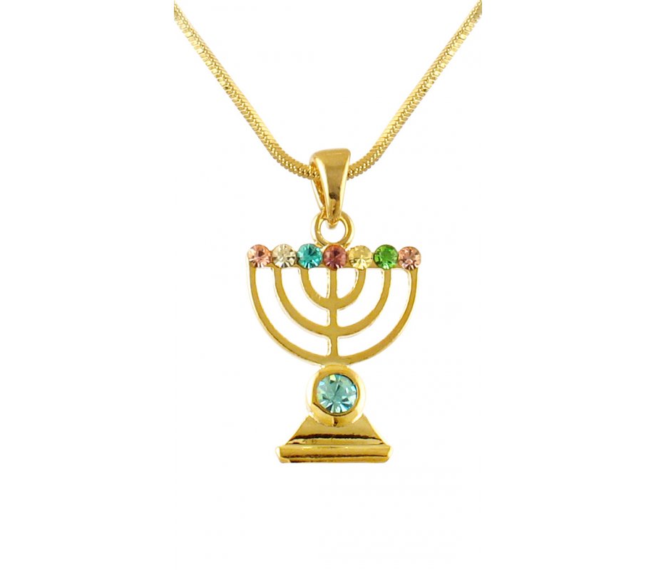 aJudaica Colored Stone Gold Menorah Necklace