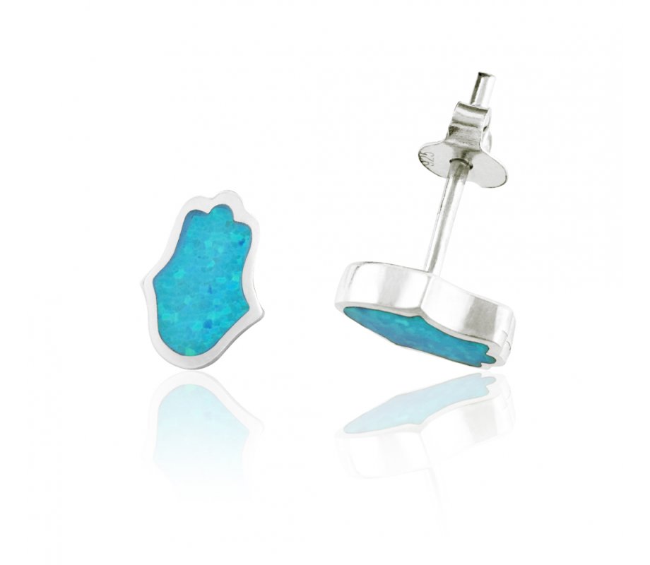 aJudaica Light Blue Opal Hamsa stud Earrings