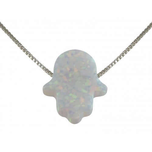 aJudaica White Opal Hamsa Hand Necklace